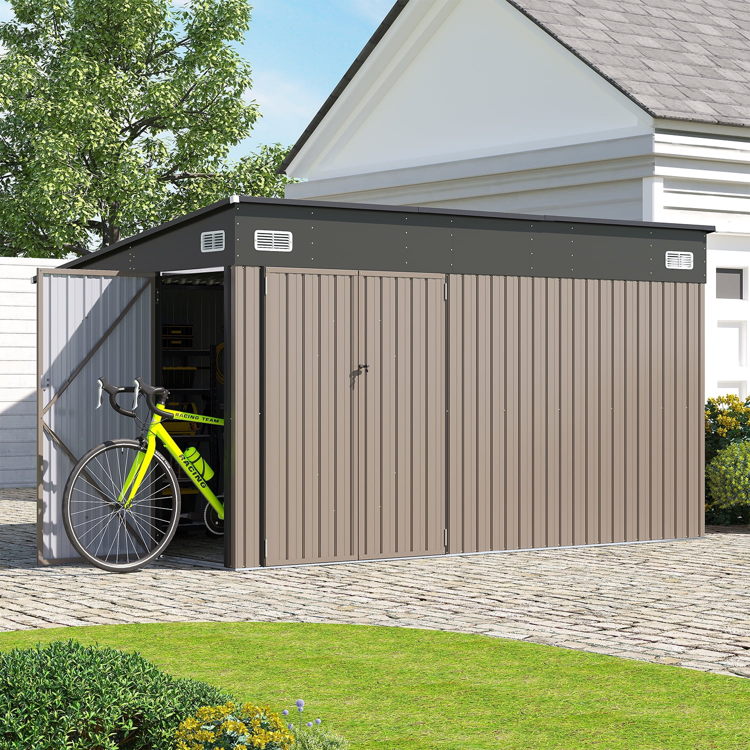 Sunmthink 12' x 8' Metal Storage Shed with Triple Doors, Lockable Lean-to Design & Vents, Brown