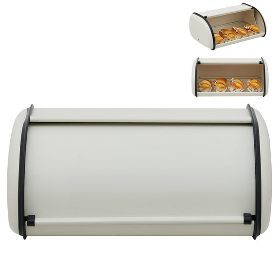 Stainless Steel Breads Box for Kitchen Countertop, Metal Roll Top Breads Bin, No Assembly, Sleek Tabletop Storage Container for Handmade Loaves Dinner Rolls - Beige