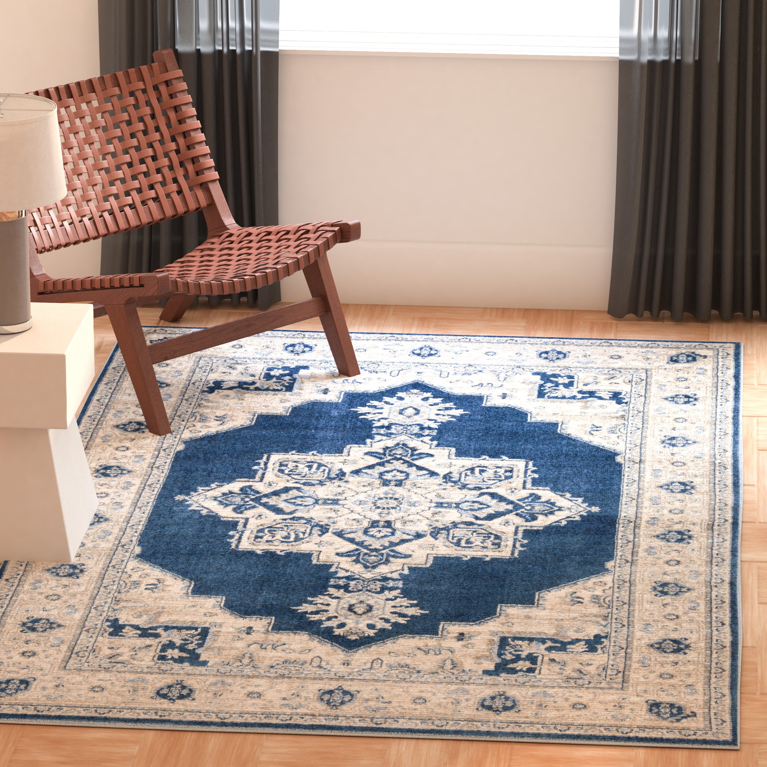 SAFAVIEH Brentwood Salah Oriental Area Rug, Navy/Creme, 5' x 5' Square