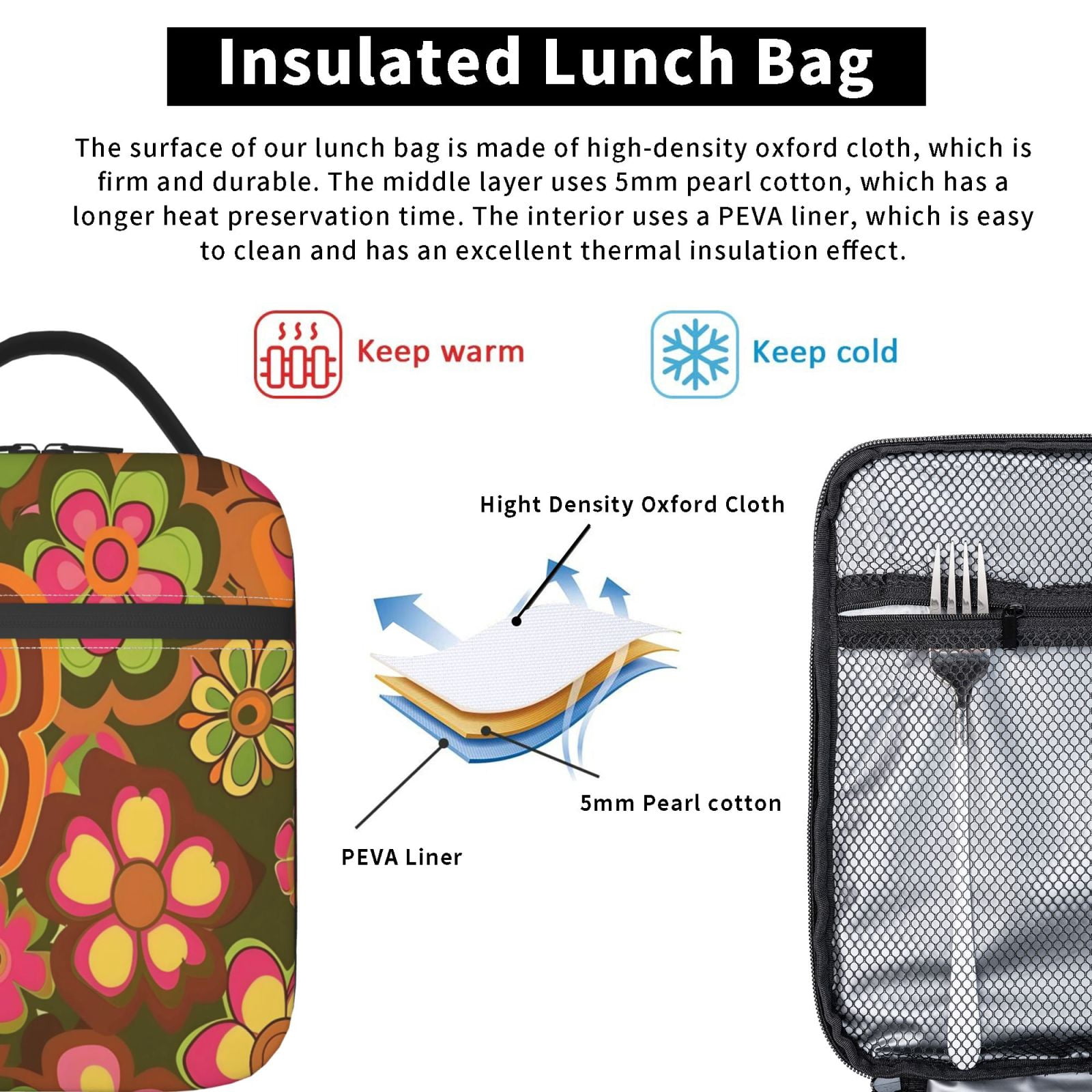 Lunch Bag For Women Men Insulated Portable Lunch Box Bento Box Office Picnic Travel Cooler Bag Retro Groovy Flowers Pattern (4)
