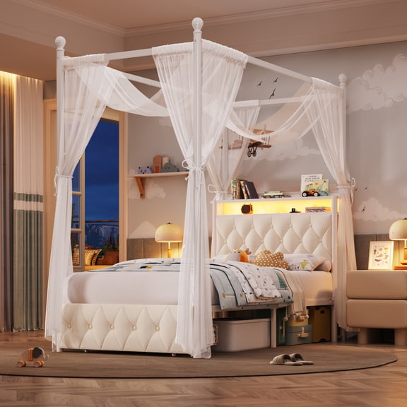 Hiphuta Twin Size Upholstered Canopy Bed with Charging Station & Storage Drawer, LED Beds with 4 Removable Posts, Twin Bed Frame, Beige