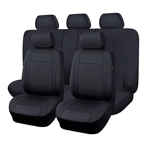 Black Black Flying Banner car seat Covers Full Set Faux Leather Mesh Breathable Man Lady Airbag Compatible Rear Bench Split 40/60 50/50 60/40 Truck Pick Up 