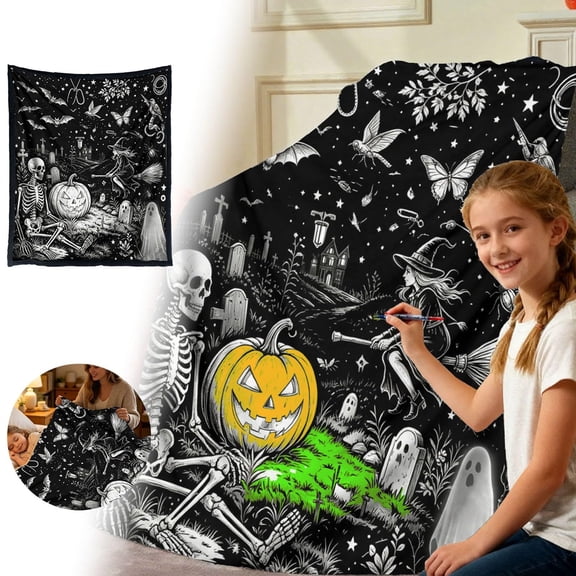 Halloween DIY Coloring Blanket with 24 Markers for Adults Kids, Color Your Own Washable Velvet Throw, Spooky Party Gift Decor