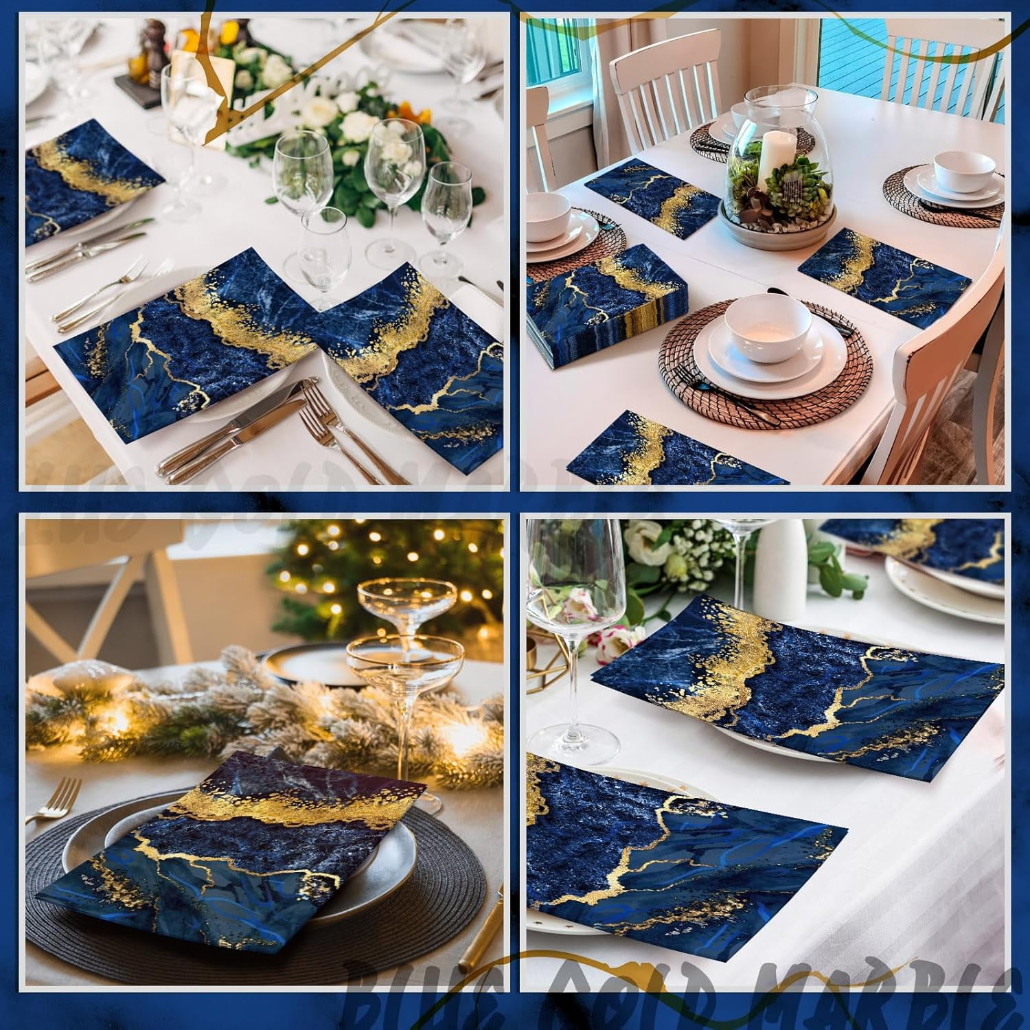 200 Pcs Marble Guest Napkins 2 Ply Disposable Guest Bathroom Paper Napkins Black Gold Marbleized Hand Towels for Home Bathroom Kitchen Table Decor (Blue Gold)