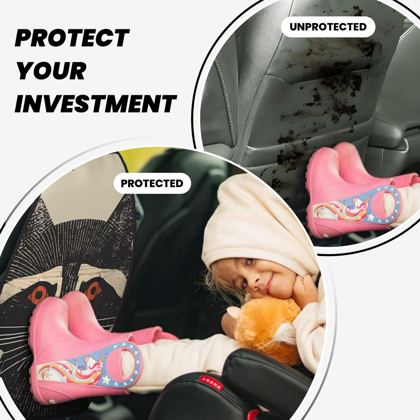 Xecao Retro Raccoon Graphic Print Pattern Car Seat Back Protector 2 Pack Large Capacity Pocket, Kick Mats Back Seat Protector