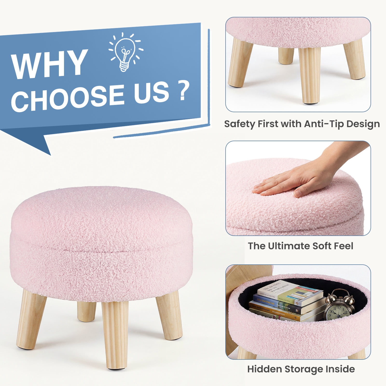CONCETTA Round Storage Ottoman with Soft Padded Seat, Teddy Velvet Footstool with Wood Legs, Accent Ottoman for Living Room & Entryway, Pink