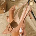 thumbnail image 4 of [On feet & in love] Women's Patent Pointed Toe Slingback Heels - Geometric Buckle Detail Stiletto Dress Pumps with Elastic Ankle Strap,Apricot,11, 4 of 6