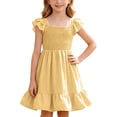 thumbnail image 6 of Bysome Girls Dress Solid Color Flutter Sleeve Square Neck Pleated Summer Cozy Soft Toddler Kids Girls Dresses Size 11-12 Years Yellow, 6 of 7