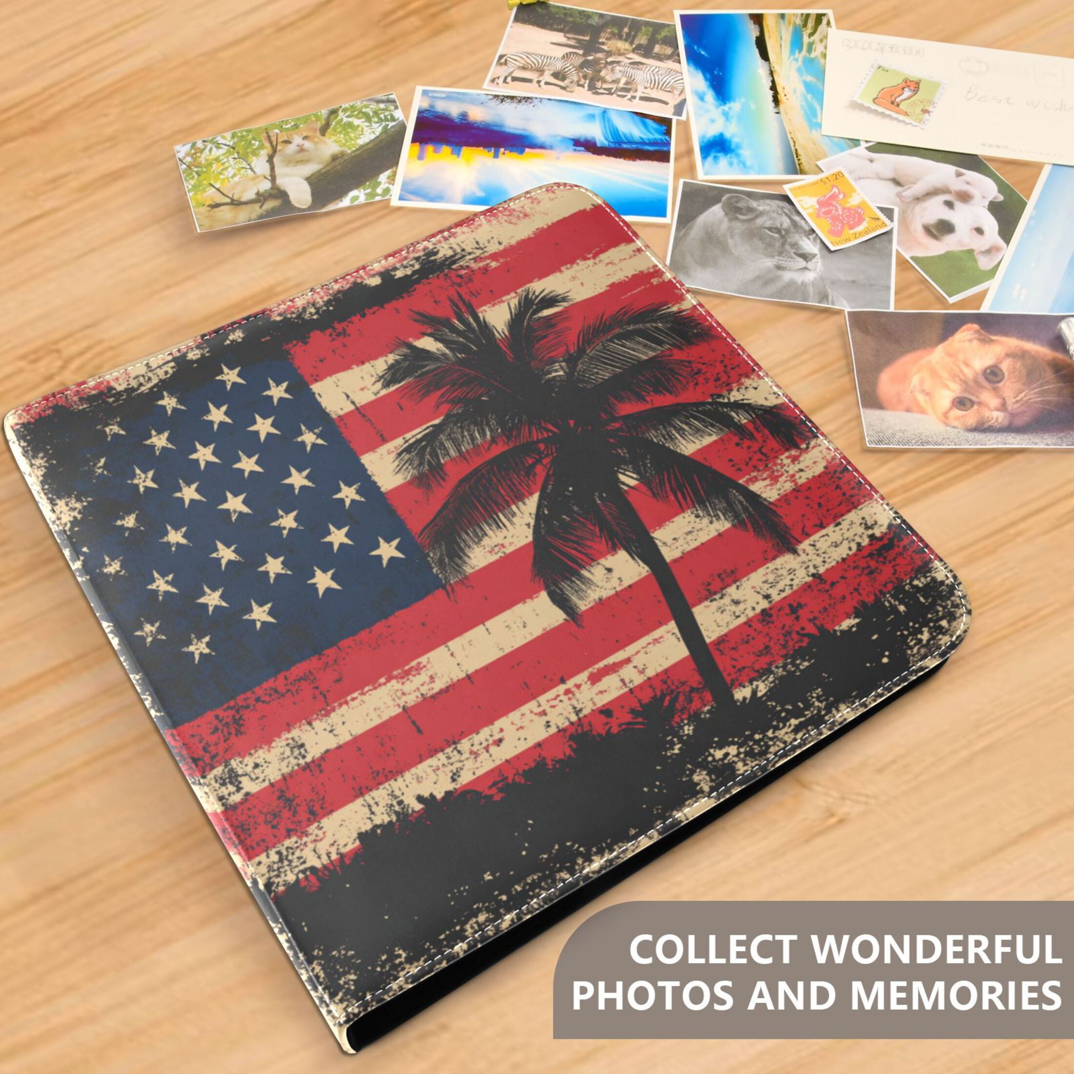 Photo Album Leather Photo Album 11.8x11.2x1.5 Inch Bookshelf Photo Album Scrapbooking Refills Scrapbook Photo Album American Flag with Palm Trees