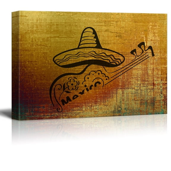 wall26 - Canvas Print Wall Art - Mexican Style Hat and Guitar on Abstract Background - Gallery Wrap Modern Home Art | Ready to Hang - 24x36 inches