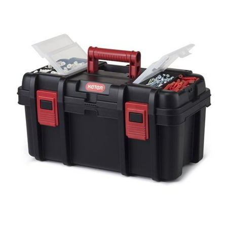 (FULL OF ASSORTED ITEMS) Hyper Tough 16-inch Toolbox  Plastic Tool and Hardware Storage  Black