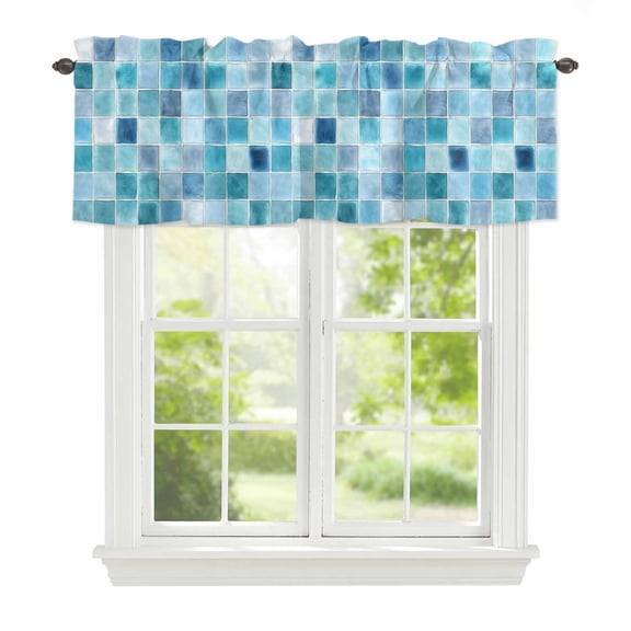 Blue Lattice Window Valance for Kitchen, Summer Watercolor Square Ocean Rod Pocket Short Curtain for Small Windows, Light Filtering Decorative Valance, 42 x 12 Inch, 1 Panel