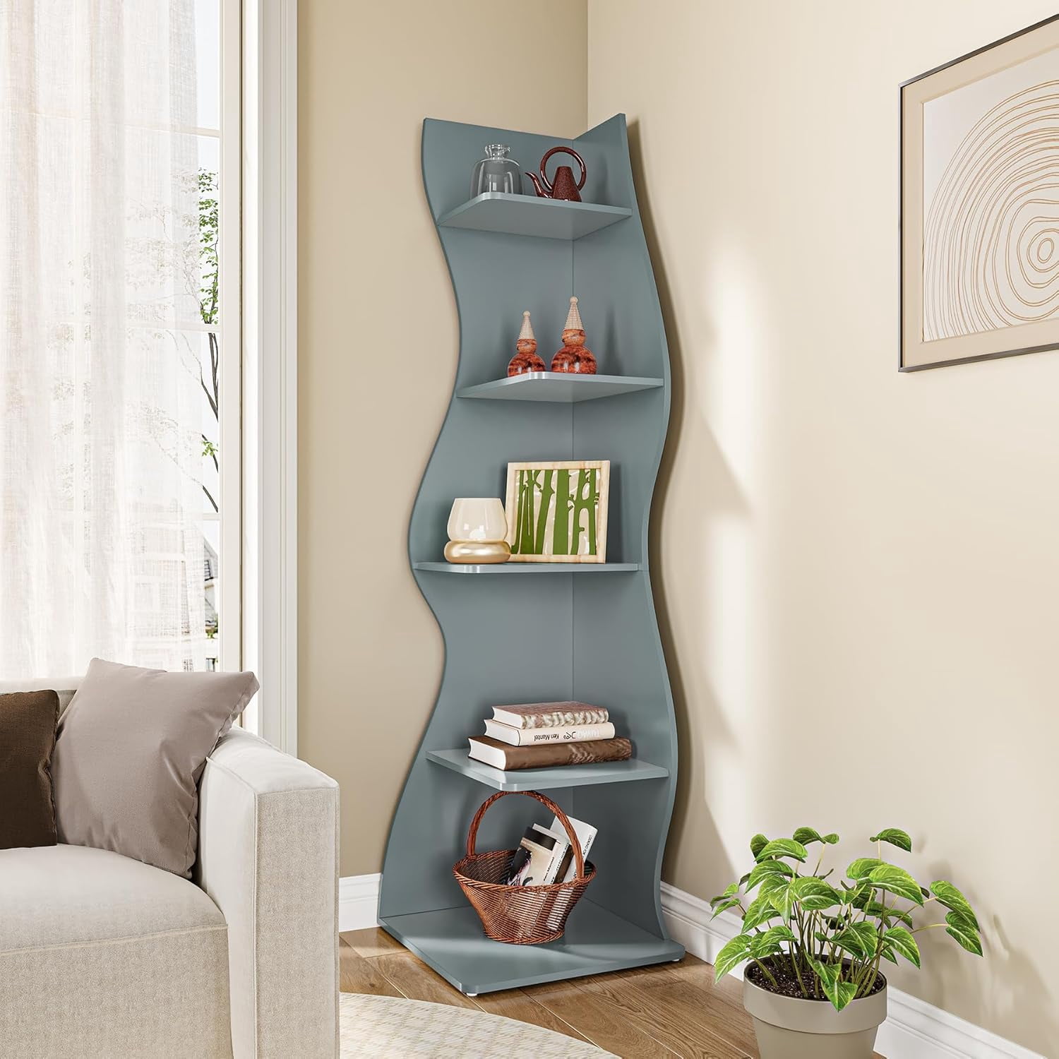 Tribesigns Small Corner Shelf, 5-Tier Modern Corner Bookcase for Small Space, Living Room (Blue)