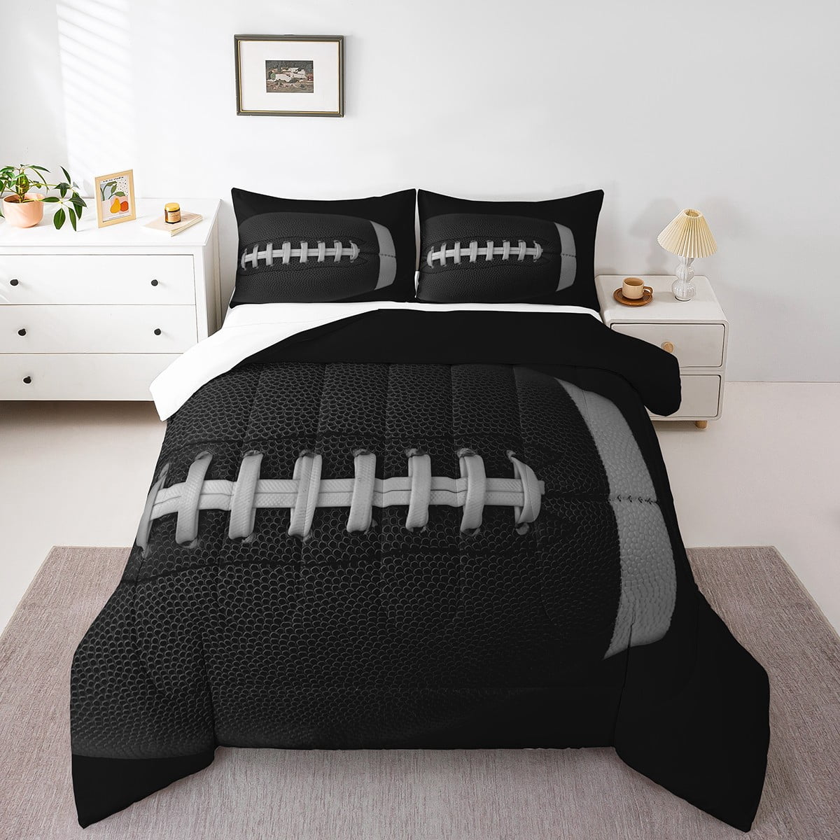 Erosebridal 3D Rugby Comforter Sets Twin Size, Black Grey Comforters & Duvets, Football Soccer Reversible Duvet Insert, Ultra Soft Bedroom Decoration, 2 Pieces