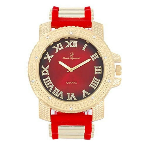 Charles Raymond Iced Oversized Hip Hop Bullet Rubber Band Mens Watch, That Shows Your Lust for Life - GJM (GJM - Red - Gold)