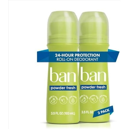 Ban Invisible Roll-On Antiperspirant Deodorant with 24 Hour Protection, Powder Fresh, 3.5 fl oz 2 Pack