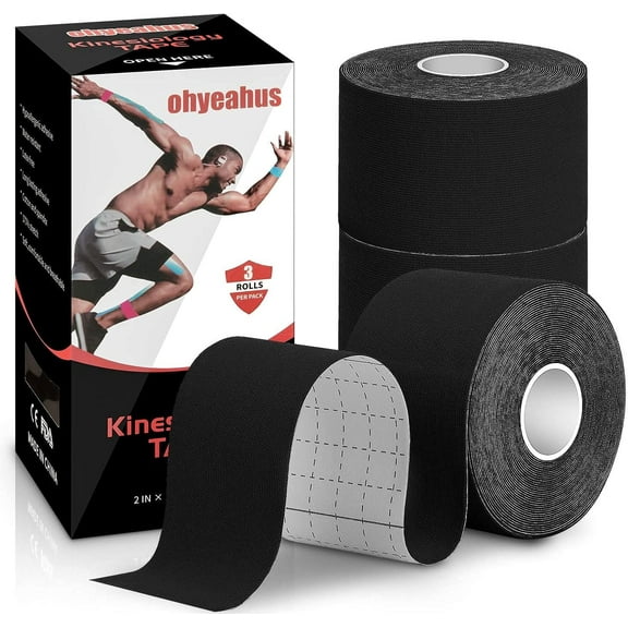 Ohyeahus Kinesiology Tape 2 Inch x 19.7 Feet Black Elastic Therapeutic Sports Tape Pro Sports Tapes 3 Count