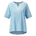 thumbnail image 4 of Dagegui Summer Tops for Women Casual Mexican Embroidered Blouses Cotton Linen Notch V Neck T Shirt Short Sleeve Gauze Shirts Blue S-2XL, 4 of 5