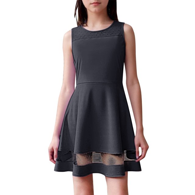 FhsagQ Dresses for Girls Pretty Girl Summer Solid Color Mesh Patchwork Sleeveless Round Neck Line Dress with Pockets Girls Spring The 7th of July Dresses Size 14/16 Independence Day Black 4-5 Years
