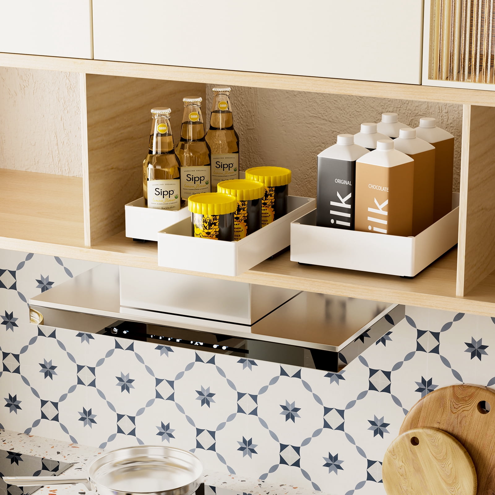 ROSYNEY 3 pack Pull Out Cabinet Organizer, Multi-Size (10.63", 7.08" and 5.12") Slide Out Drawers for Kitchen, Pantry, Bathroom, White