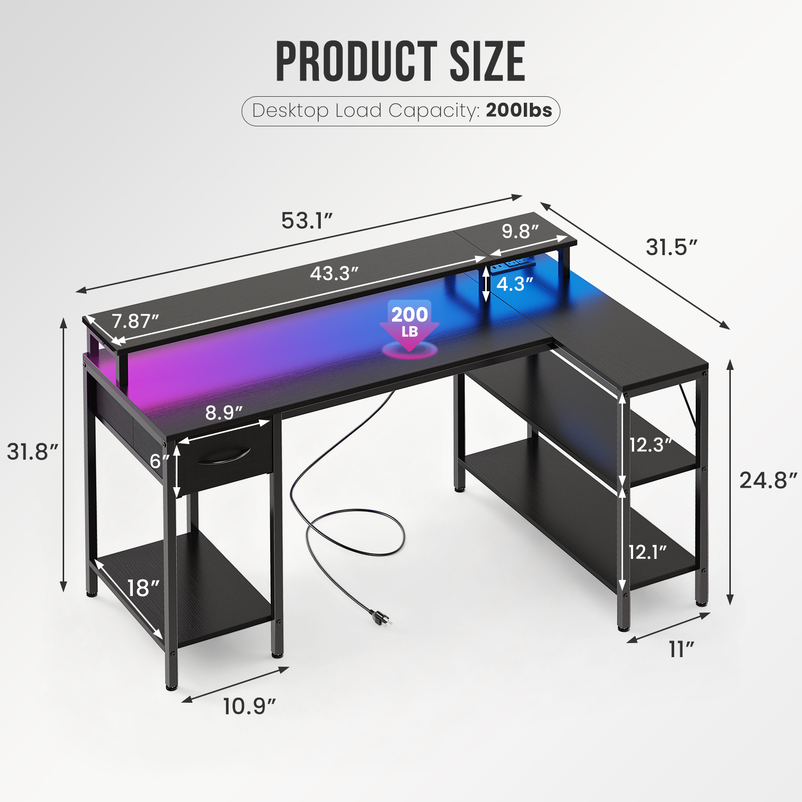 Sweetcrispy 53" L Shaped Computer Gaming Desk with USB Charging Ports & LED Lights, Reversible Corner Table with Power Outlets Monitor Stand for Home Office, Black