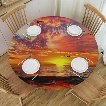

Orinice Sunset Ocean Birds Round Table Cover Stain Resistant Washable Indoor Outdoor Tablecloth Kitchen Dining Wedding Parties Outdoor Fitted 100% Polyester Fiber 31-35