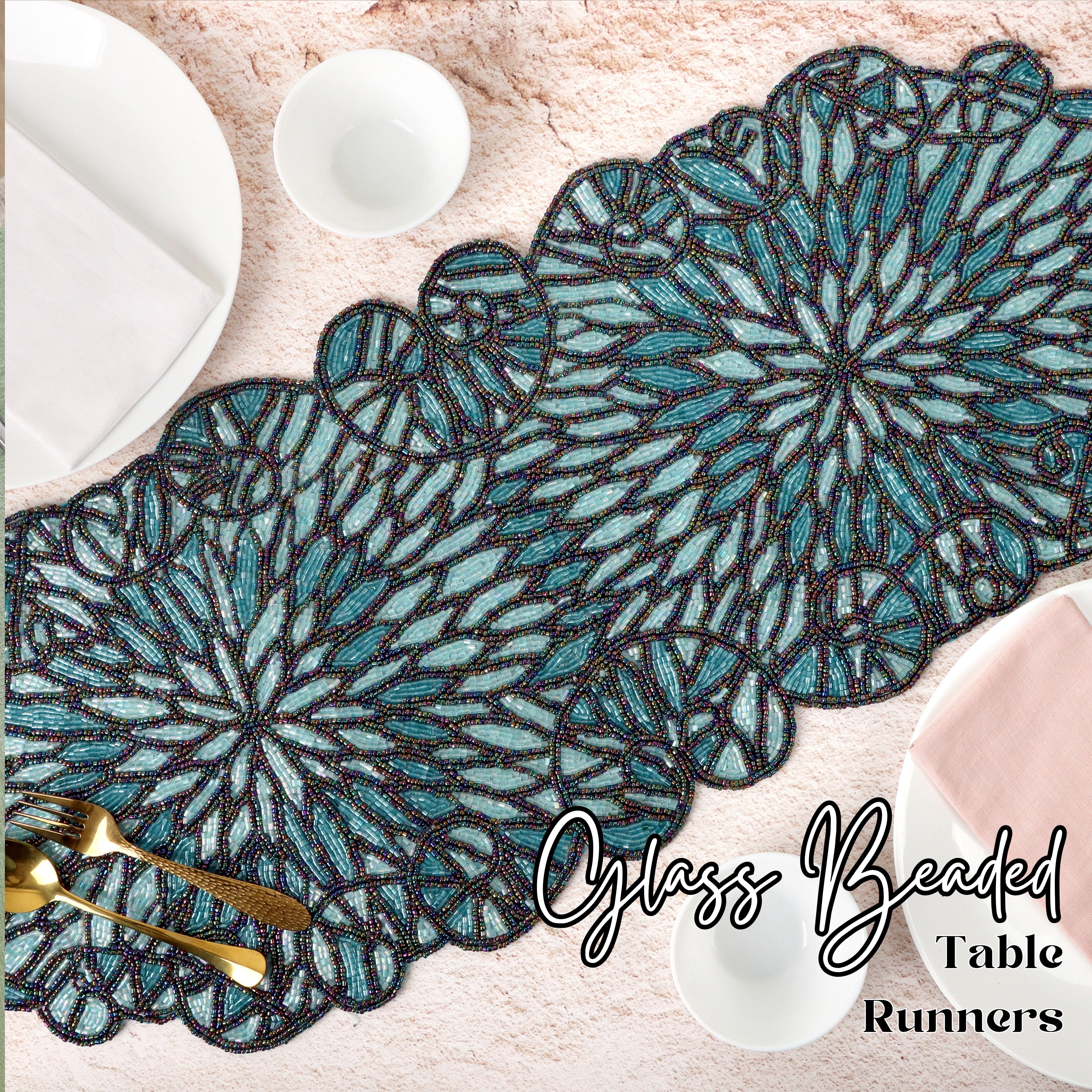 Handcrafted Glass Beaded Table Runner - Elegant Decorative Dining Table Décor (Blue Black)