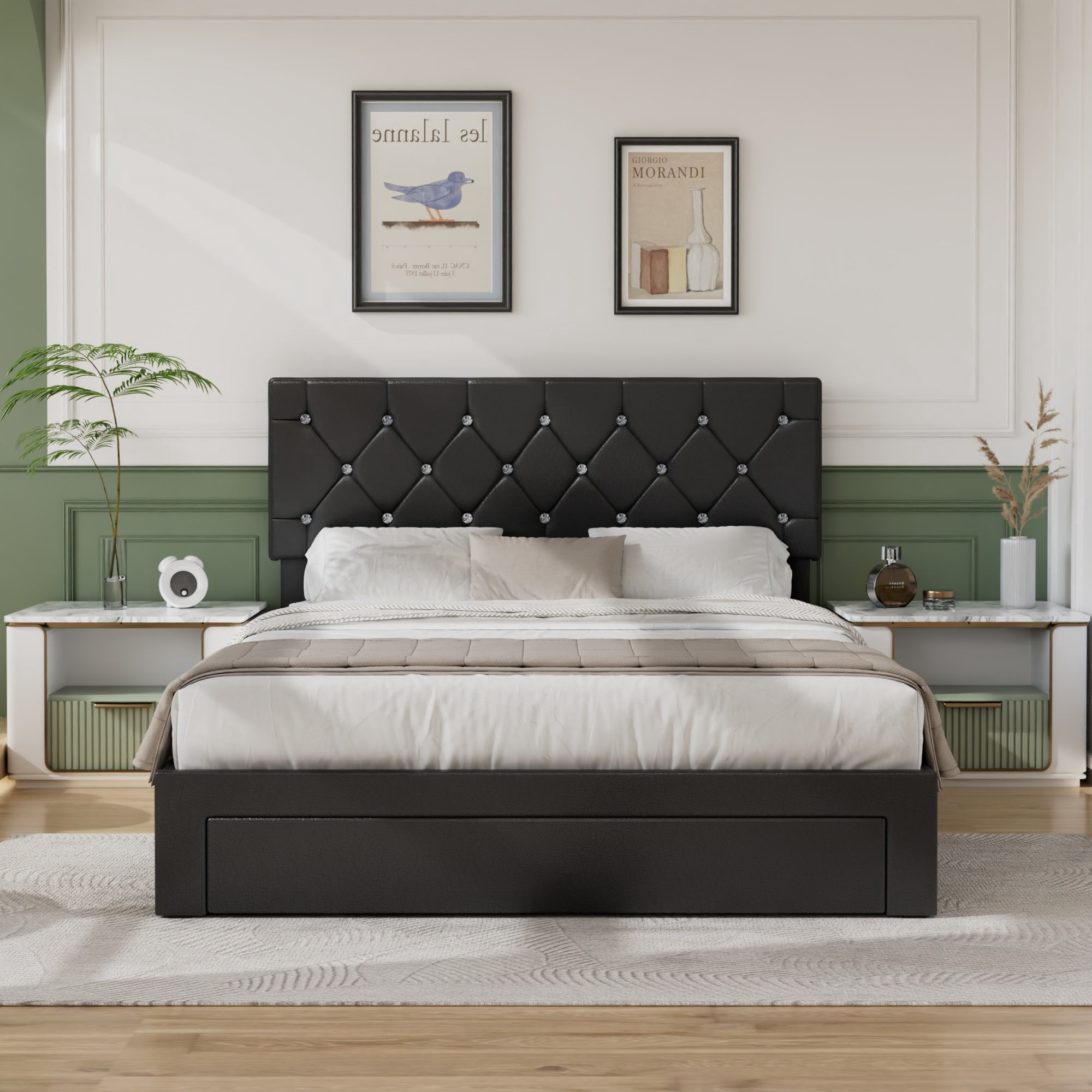 VECELO Queen Size Upholstered Bed Frame with 3 Drawers & Adjustable Headboard, Under Bed Storage, Black