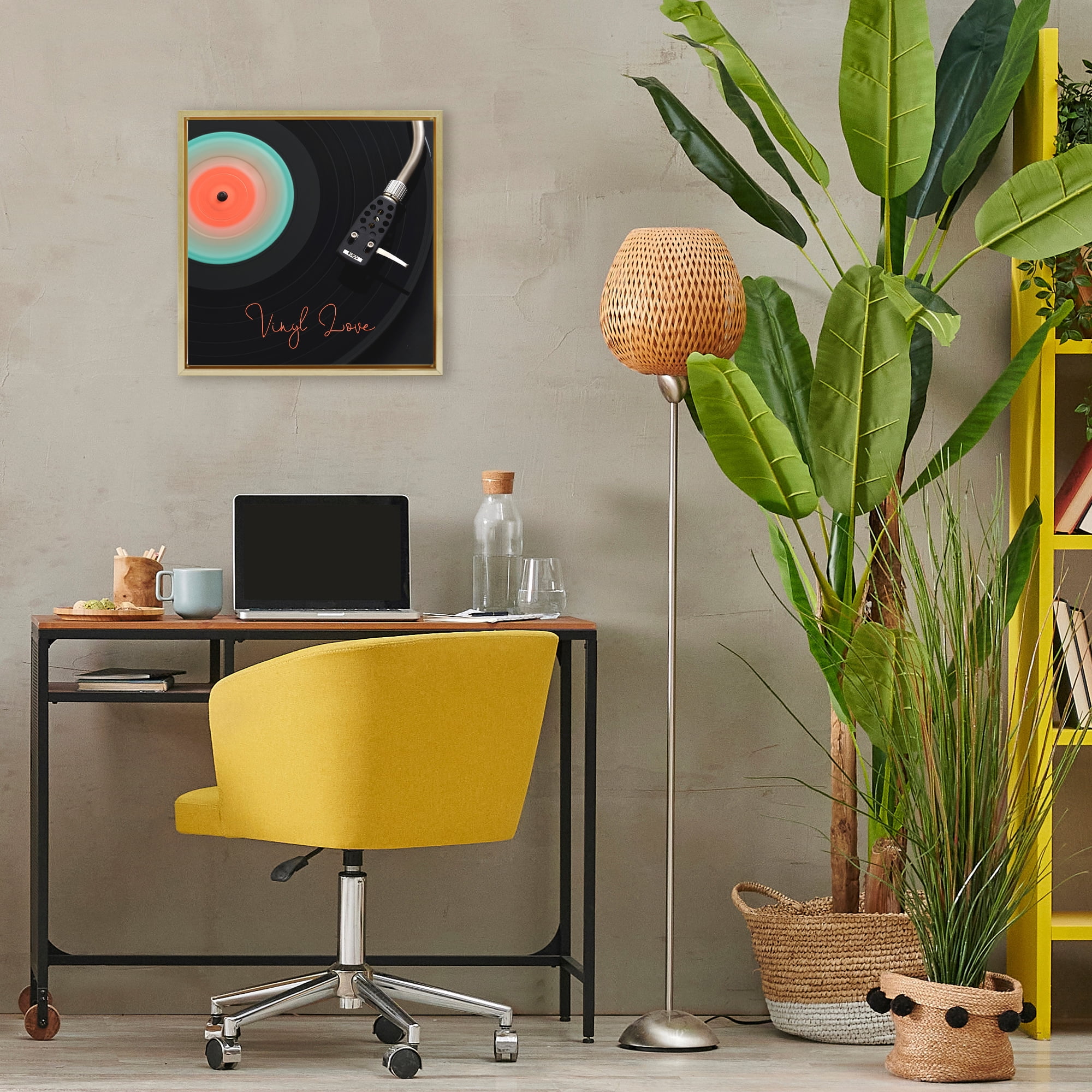 Stupell Industries Spinning Record Vinyl Love Gold Framed Floater Canvas Wall Art, design by Tom Quartermaine