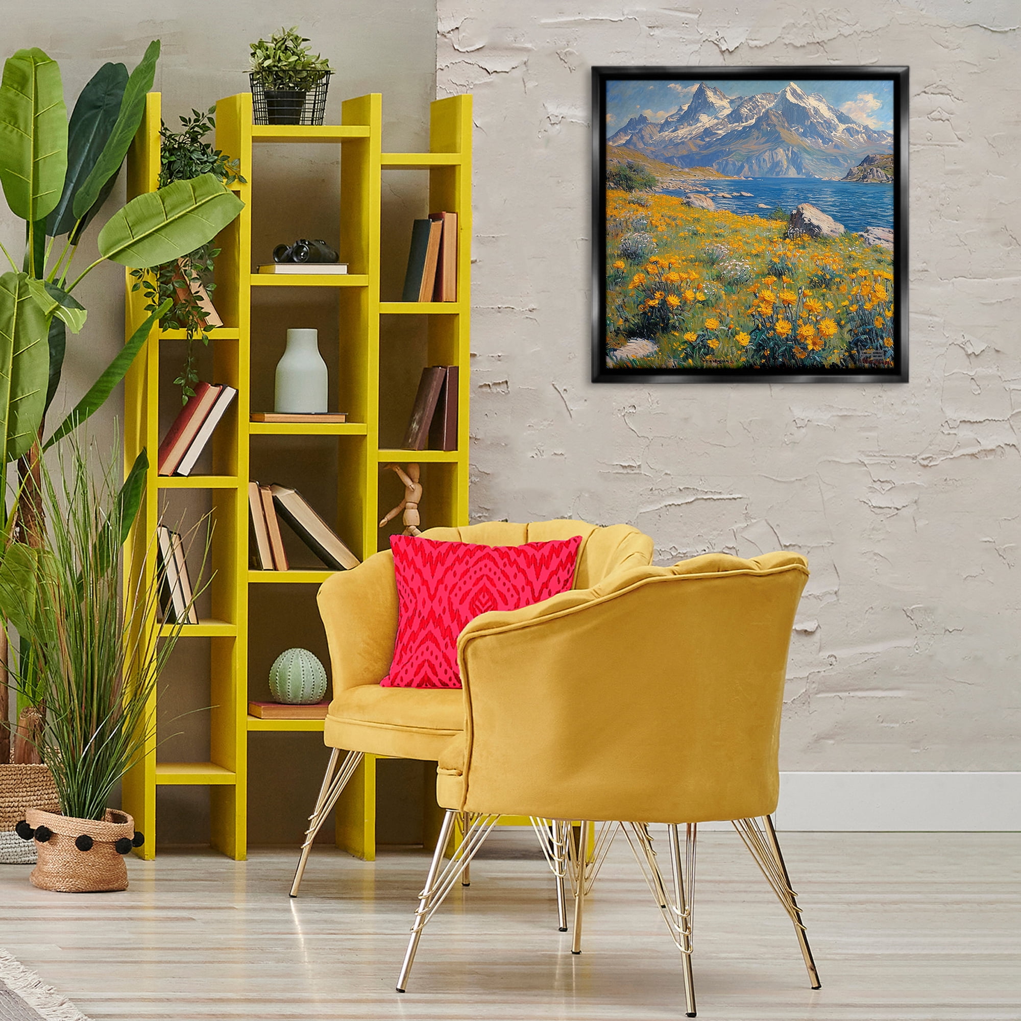 Stupell Industries Mountain Daisy Meadow Landscape & Nature Painting Black Floater Framed Canvas Art Print Wall Art, 25 x 25