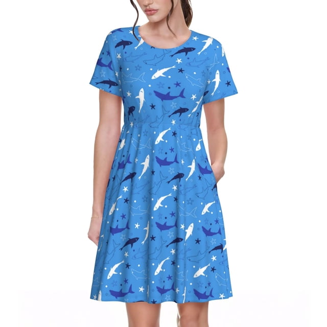 Easygdp Cute Shark para Vestido Transpirable de Mujer, Vestido Suelto de Manga Corta con Pliegues y Bolsillos para el Verano