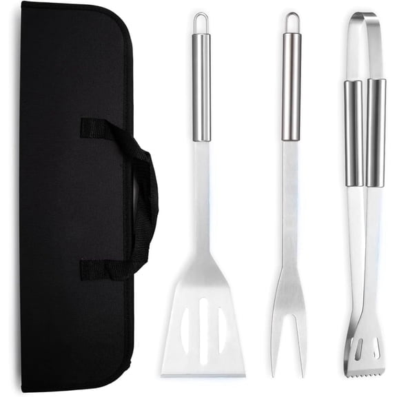 3-Piece Stainless Steel BBQ Grilling Tool Set with Carry Bag, Rust-Resistant, Dishwasher Safe