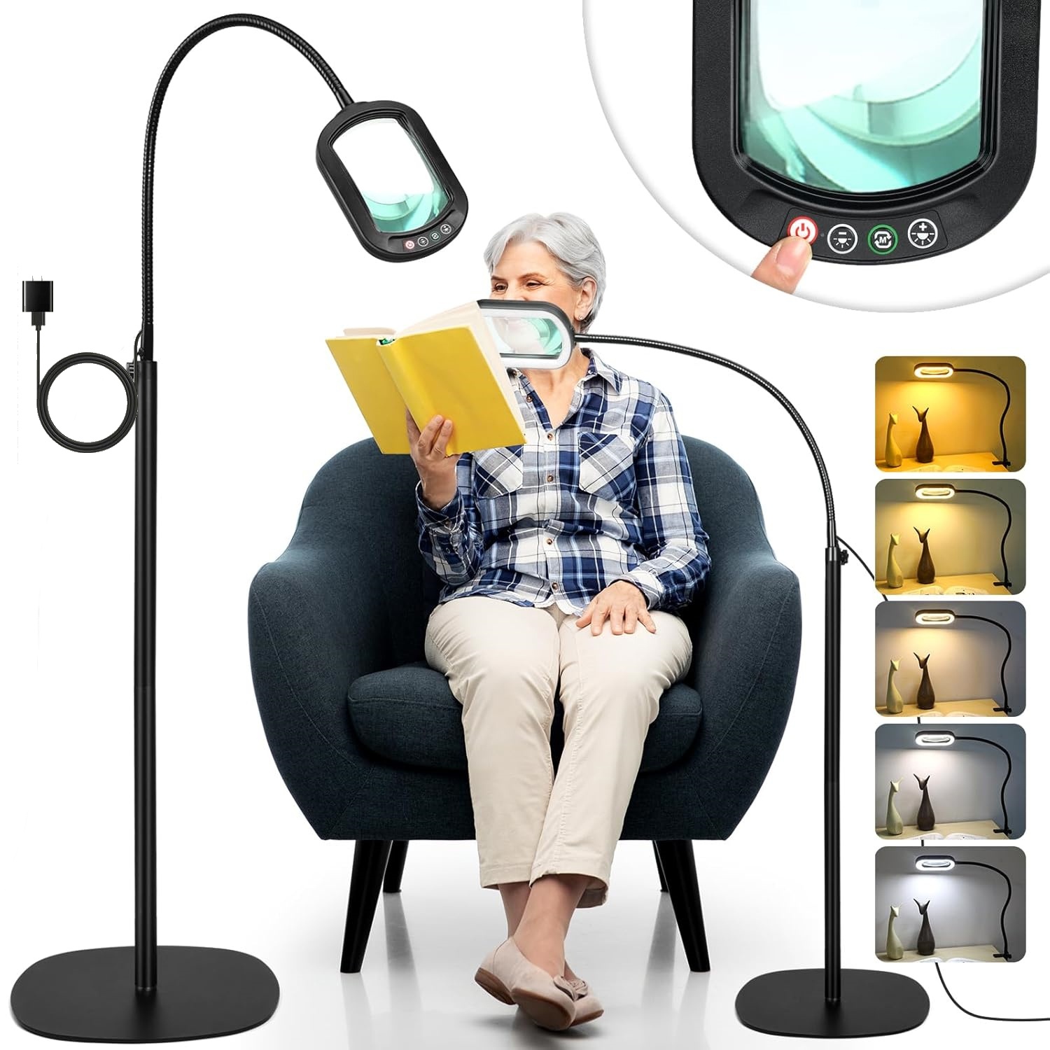 Veemagni 3-in-1 Magnifying Glass Floor Lamp with Stand, Rectangular Real Glass Lens, Flexible Gooseneck, 5 Color Modes Dimmable LED Light for Hobby Craft Reading Close Work
