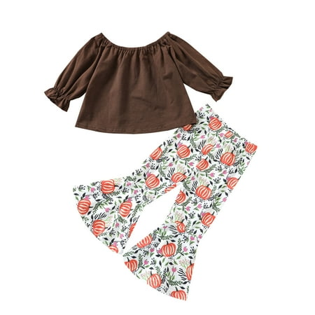

nsendm Toddler Kids Girls Outfit Soild Long Sleeves Tops Prints Pants Set Outfits Athletic Wear for Teens Childrenscostume Brown 6-12 Months