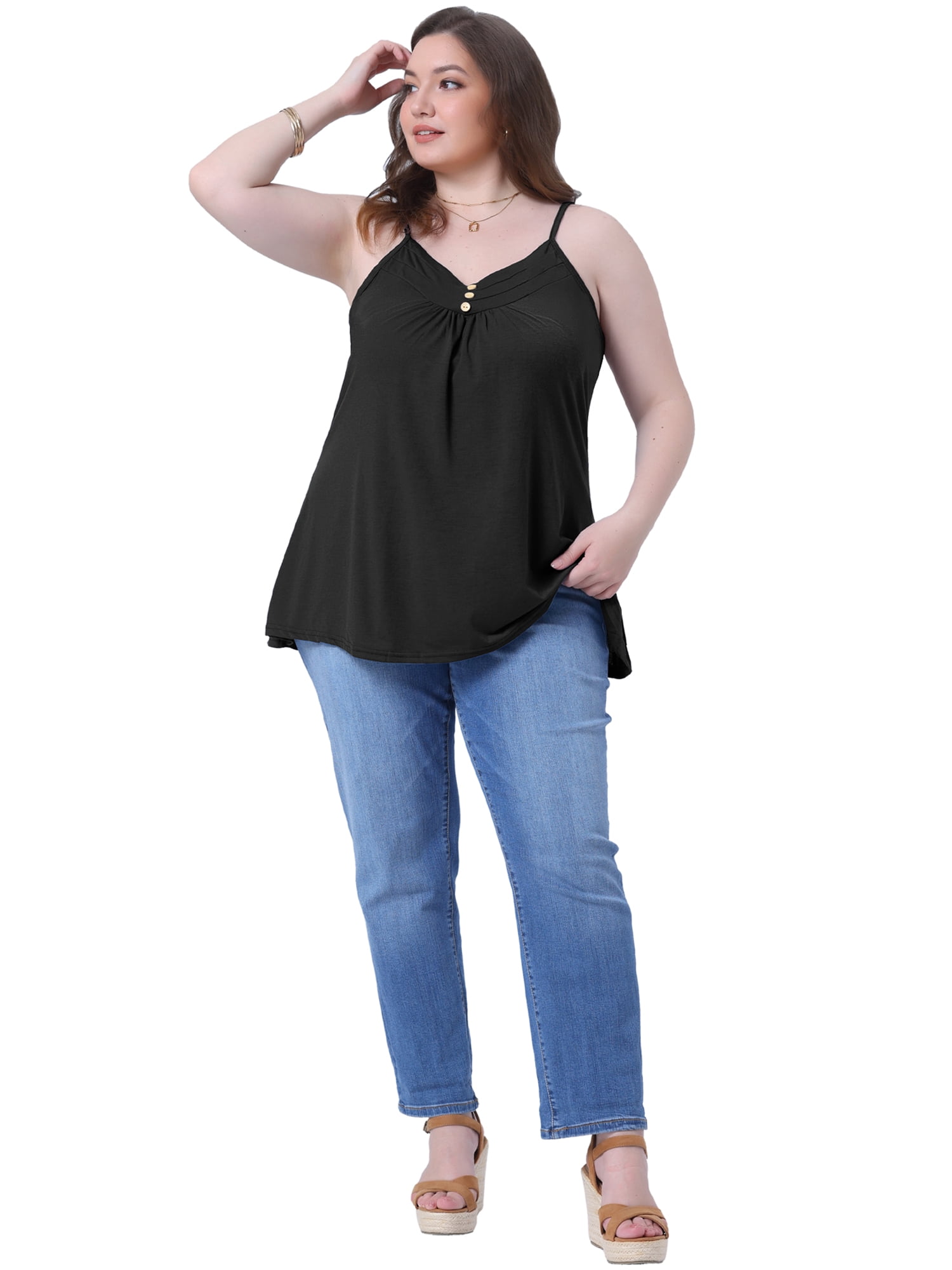 DARING DIVA Women's Plus Tank Tops with Button V Neck and Pleated Design 2X Black