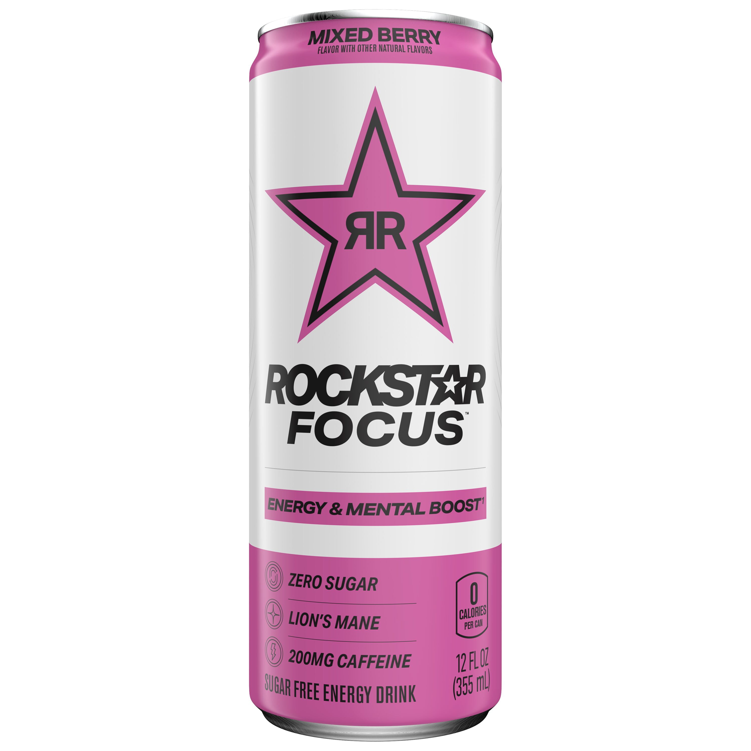 Rockstar Focus Zero Sugar Energy Drink, Mixed Berry Flavor, Lion’s Mane, Energy & Mental Boost, 12 oz 12 Pack Cans