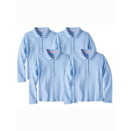 Girls Long Sleeved Uniform Shirts Wonder Nation Girls School Uniform Long Sleeve Interlock Polo, 4-Pack Value Bundle (Little Girls & Big Girls) ()