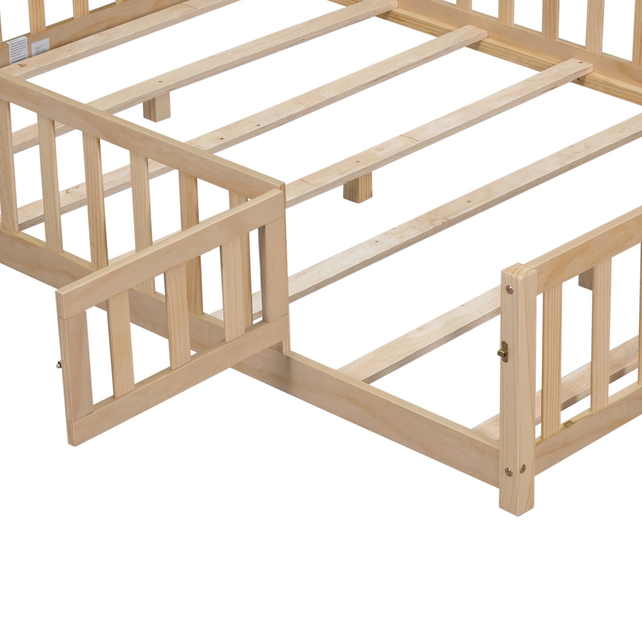 Noble House Full-Size Montessori Floor Platform Bed, Solid Wood Floor Beds with Fence & Door, Toddler-Safe, Natural