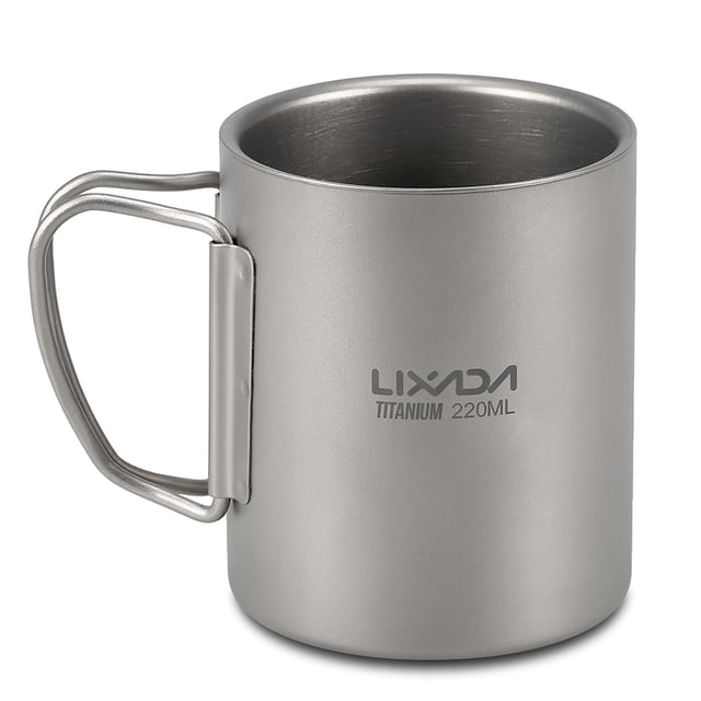 Taza de té Lixada 220ml Titanium Double Wall Cup Water Coffee Taza de té Taza con mango plegable Lixada Taza de té