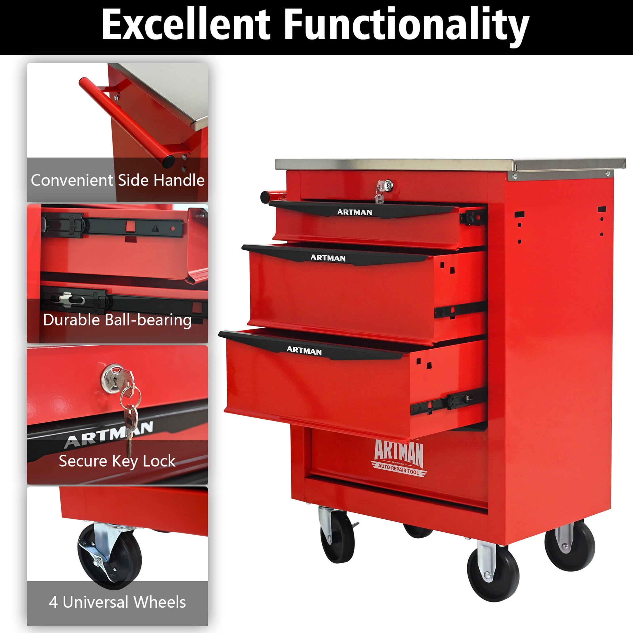 Noble House 4-Drawer Rolling Tool Organizer Cart, Steel Mobile Chest Storage with Worktop for Garage Workshop, Red