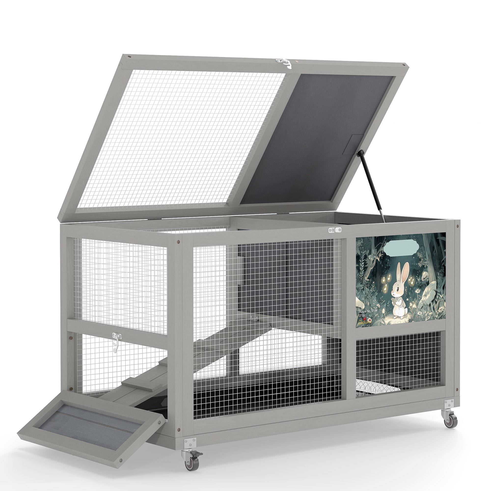 imerelez 2-Tier Bunny Hutch, Wood Rabbit Cage on Wheels with Openable Roof, Ramp, Easy-to-Clean Tray, Guinea Pig Pet House for Small Animals, Gray with Colorful Patterns