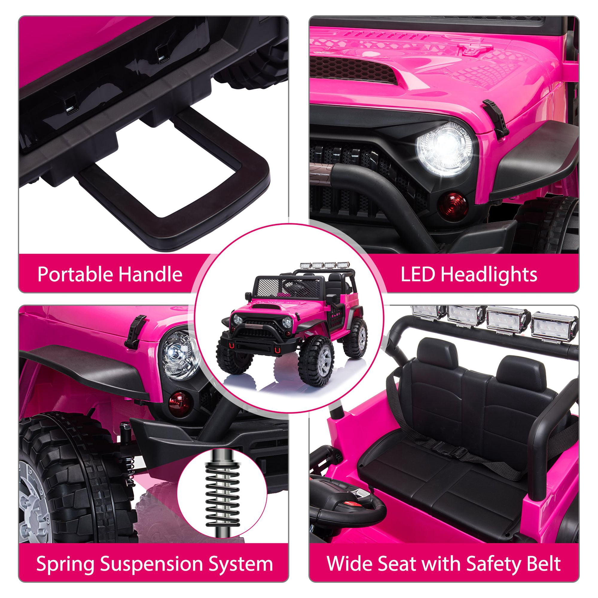 TOBBI 12V Kids Ride on Car, Jeep Car with Remote Control, LED Lights, Music, Horn, Bluetooth, Spring Suspension, Rocking, Rose Red