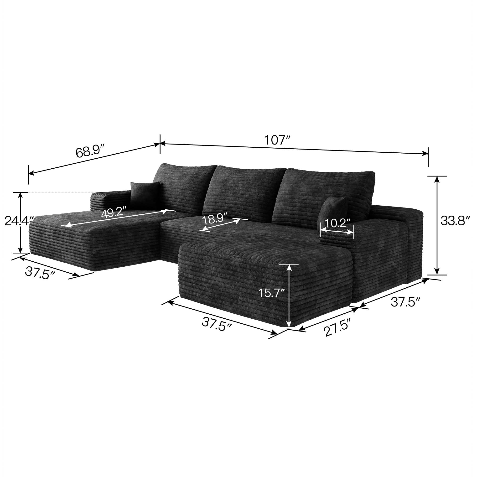 MAYEERTY U-Shaped Modular Cloud Sofa, Plush Corduroy Corner Couch with Ottoman, No Assembly Deep Seat Sofa for Indoor Use