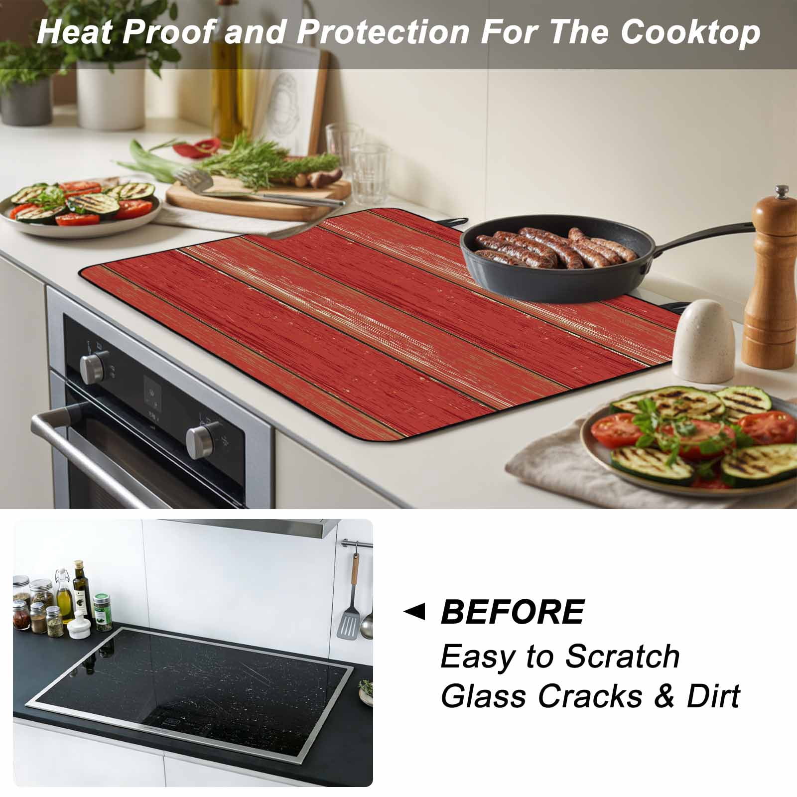 Red Wood Grain Stove Top Cover for Electric Stove, Heat-proof & Non Slip Glass Top Stove Cover Protector, Farmhouse Vintage Wooden Rustic Planks Kitchen Flat Cooktop Rubber Mat 31x24 Inches