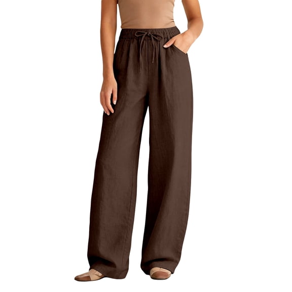 GJSYRH Women Wide Leg Linen Pants, High Waisted Summer Casual Cotton Linen Palazzo Pants with Pockets Coffee XXL