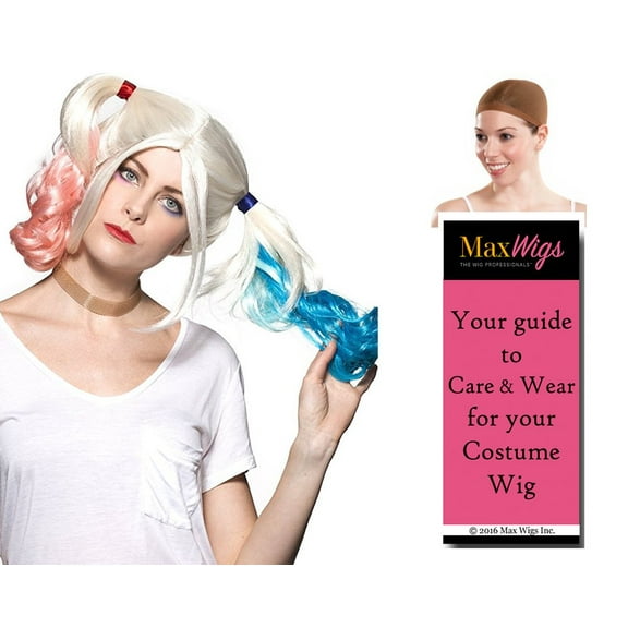 Harlee Quin Villain Color Blonde - Enigma Wigs Women's Suicide Crazy Bundle with Wig Cap, MaxWigs Costume Wig Care Guide