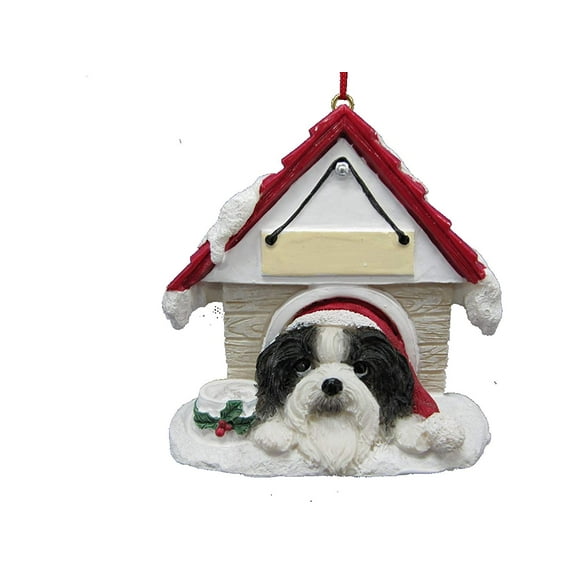 Shih Tzu Black & White Doghouse Ornament Hand Painted Easily Personalized