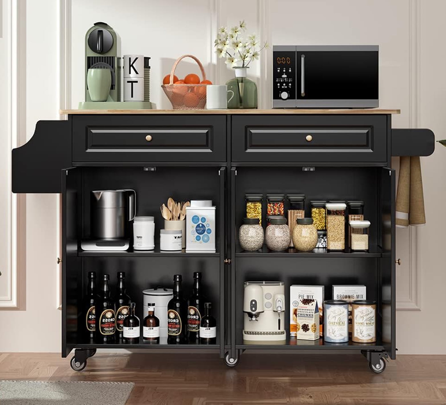 Aiho 45.5'' Kitchen Island Cart with Storage , Rolling Kitchen Island with Folding Drop Leaf Breakfast Bar for Dining Room, Black
