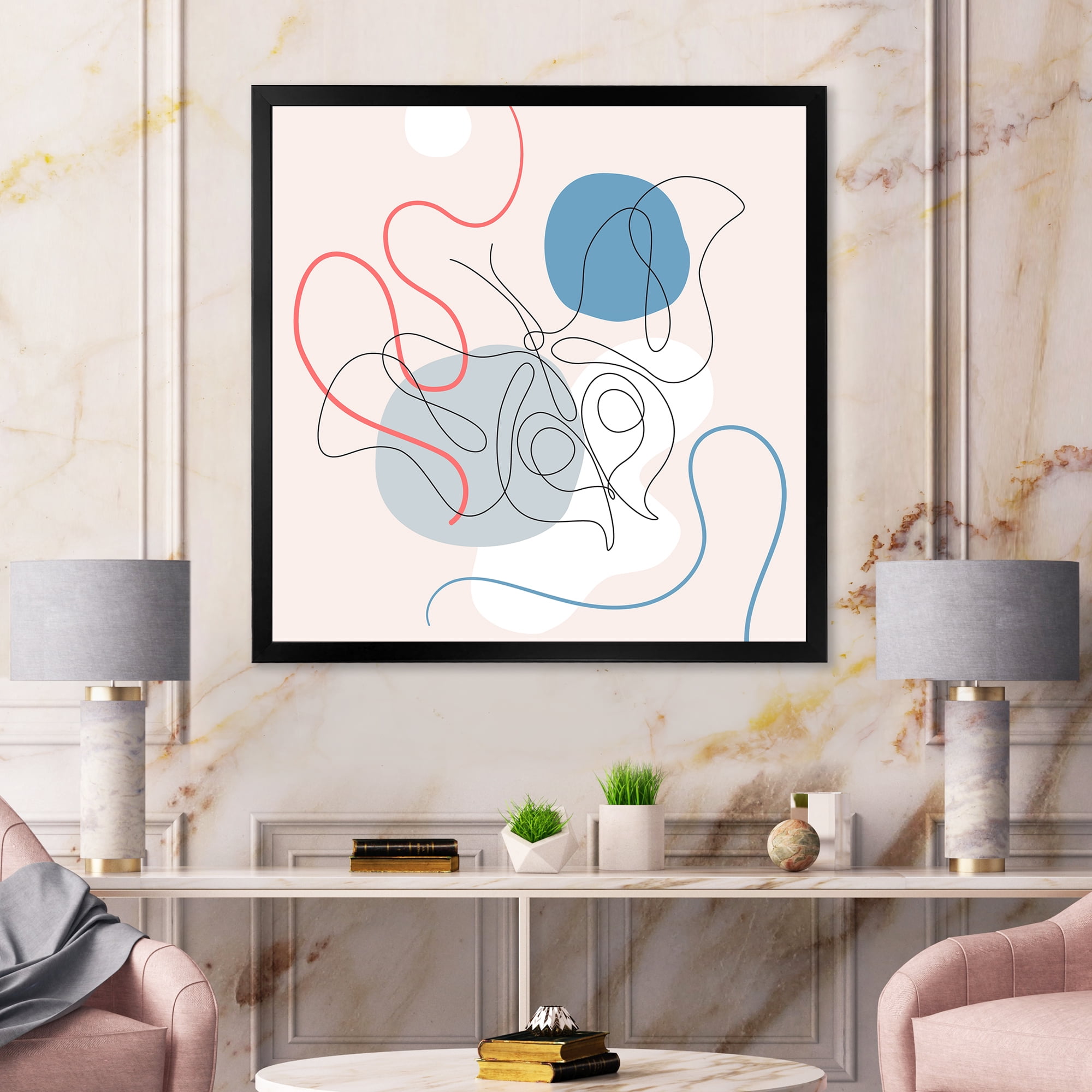 Designart 'Butterfly With One Line Drawing On Cubism Shapes II' Modern Framed Art Print