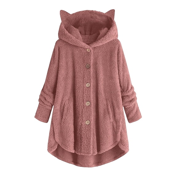 Womens Fleece Jacket Cat Ears Sherpa Hooded Coat Long Sleeve Winter Warm Plush Fuzzy Button Front Cozy Bed Outerwear